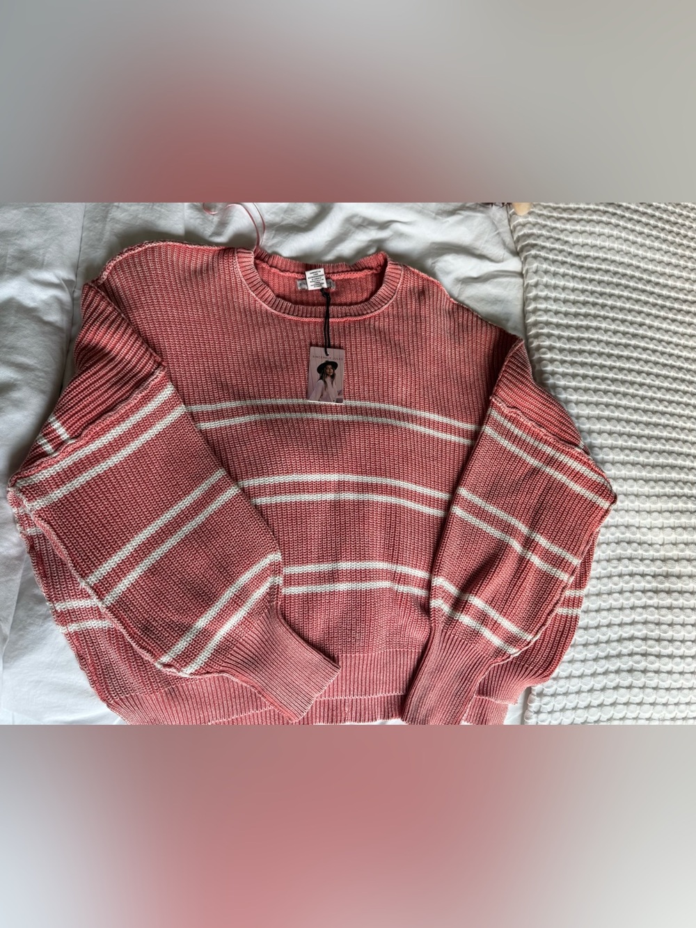 Sincerely Jules Pink and White Striped Crewneck Sweater
